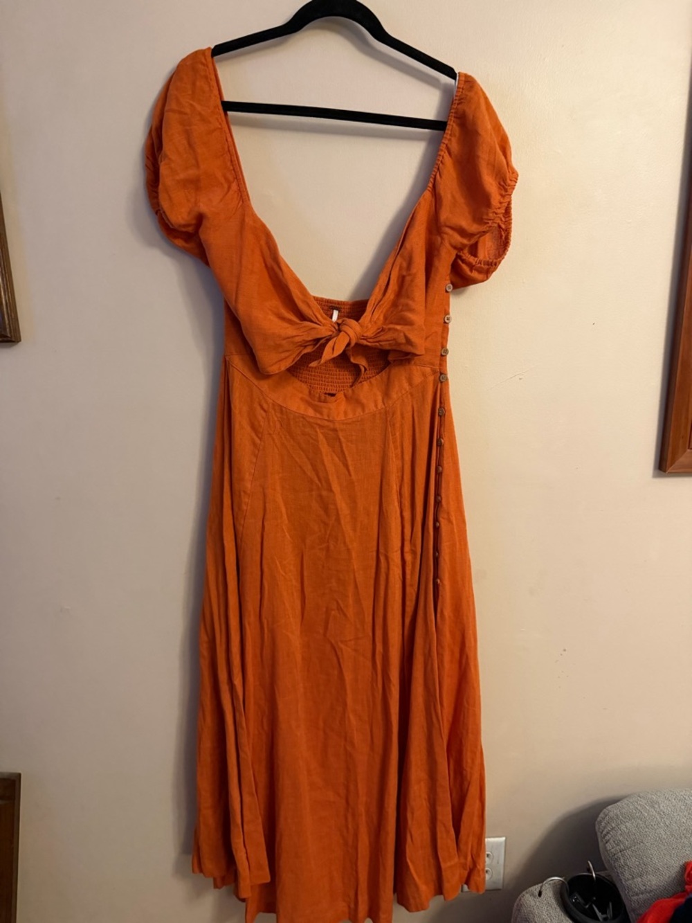 Free People Orange Maxi Dress with Puff Sleeves and Back Tie